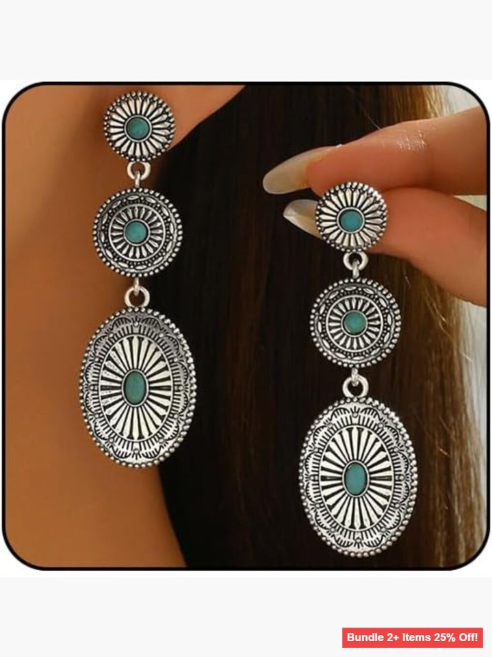 Gold Western Dangle Earrings with Turquoise Oval Circle Boho Jewelry
